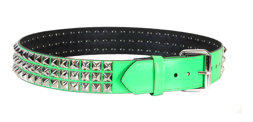 Green 3-Row Pyramid Patent Vegan Leather Studded Belt