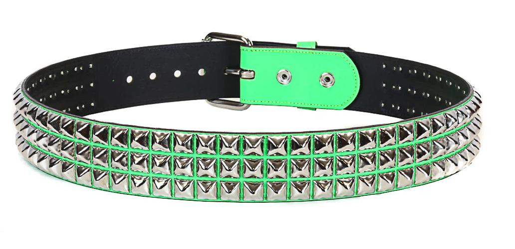 Green 3-Row Pyramid Patent Vegan Leather Studded Belt