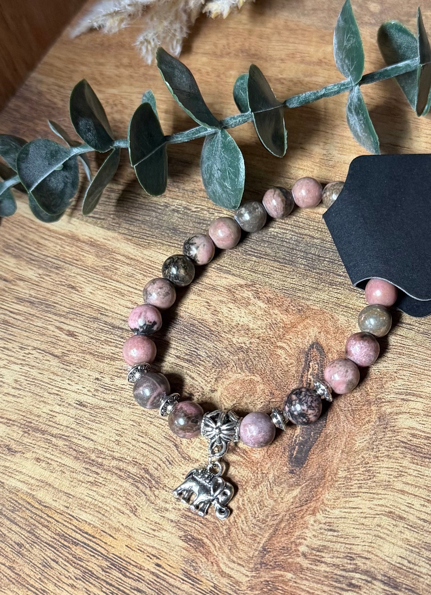 Rhodonite Stretchy Bracelet w/Elephant Charm