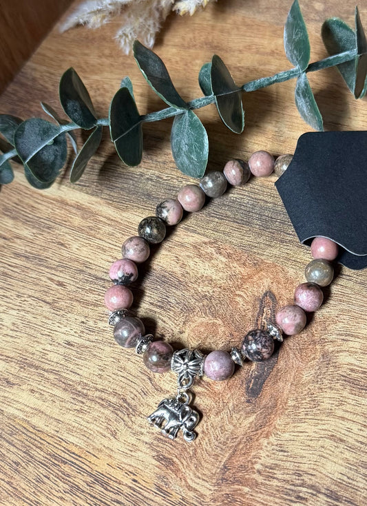 Rhodonite Stretchy Bracelet w/Elephant Charm