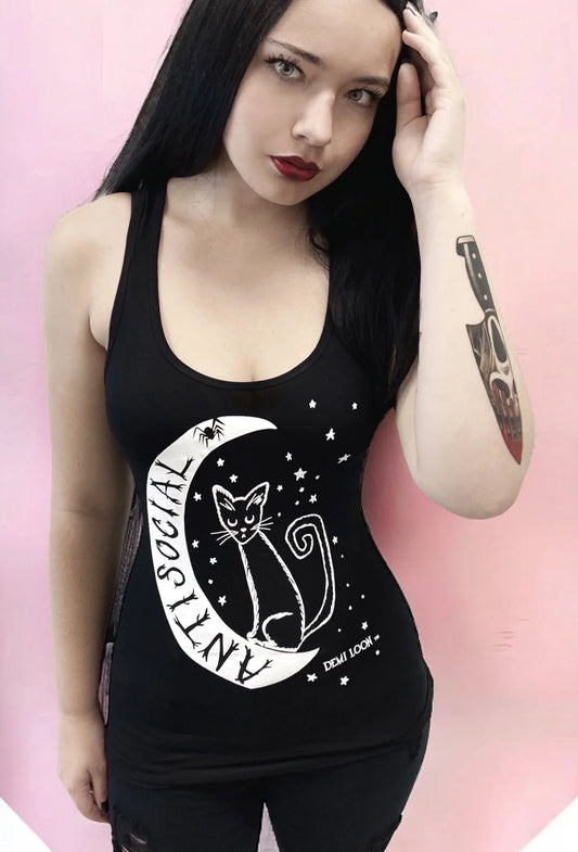 ANTISOCIAL WITCHY GOTH CAT MOON GRAPHIC TANK