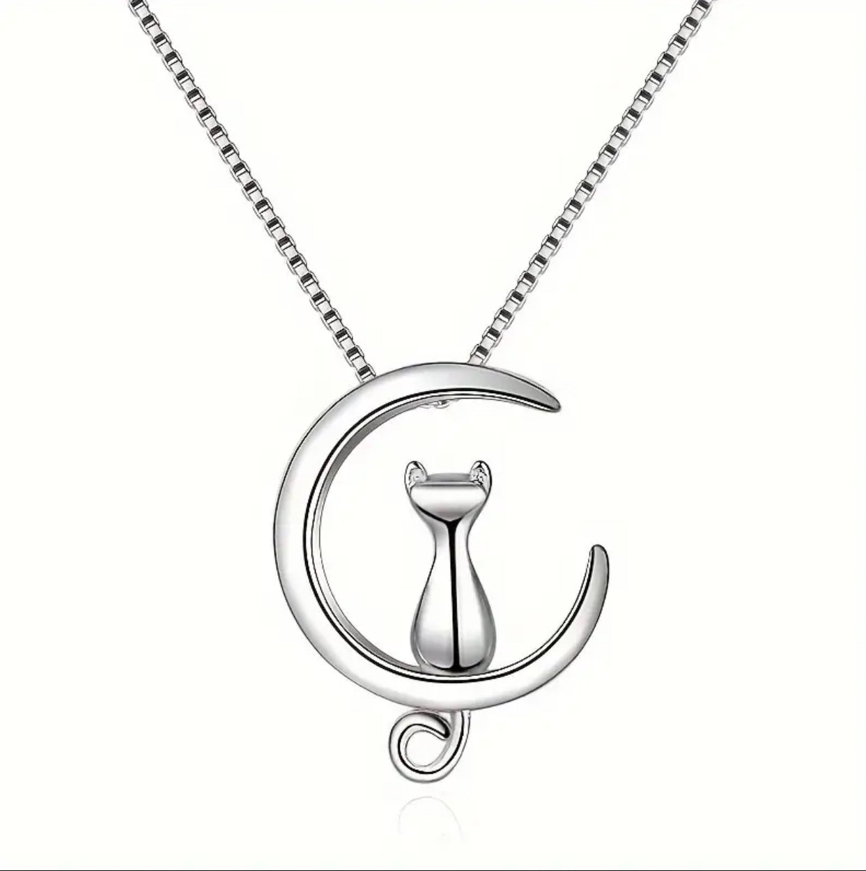 Cat on the Moon Silver Necklace