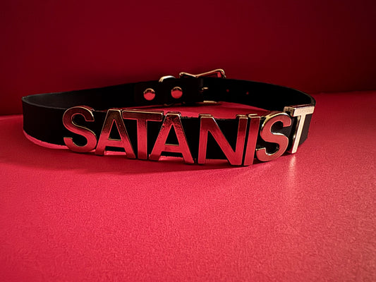 Genuine Leather Silver / Black Stainless Steel Fetish Choker — Satanist