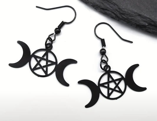 Gothic Witchcraft Moon and Pentagram Earrings, Stainless Steel