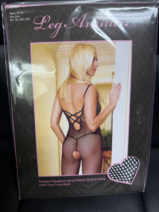 Leg Avenue- Seamless Fishnet Bodystocking w/Criss Cross Back- Black