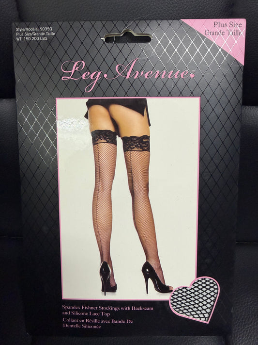 Leg Avenue- Spandex Fishnet Stockings w/Backseam & Silicone Lace Top-Black