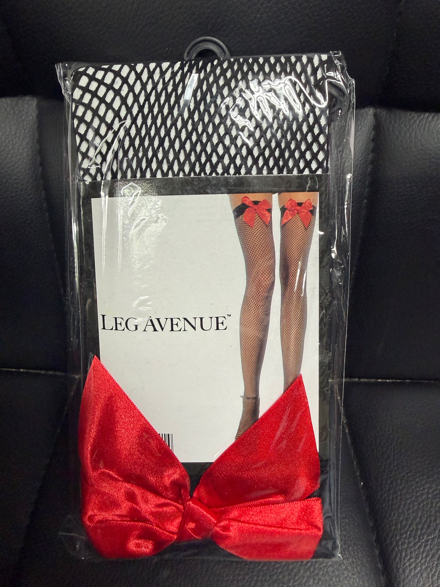 Leg Avenue- Fishnet Thigh Highs With Satin Bow- Black/Red