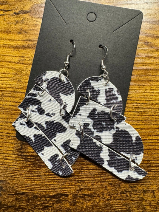 Reconstructed Heart Cow Print Leatherette Earrings