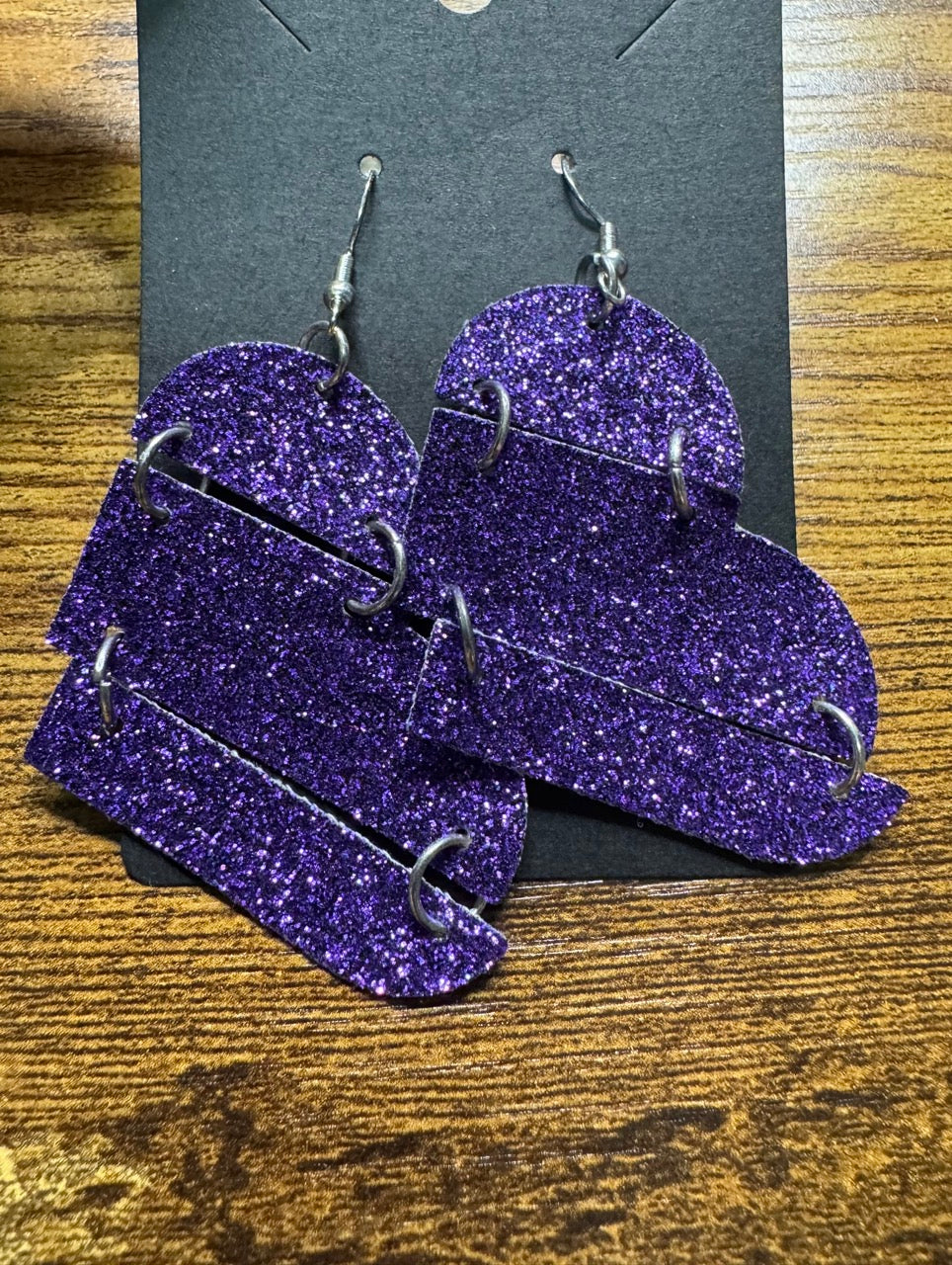 Reconstructed Purple Glitter Heart Leatherette Earrings