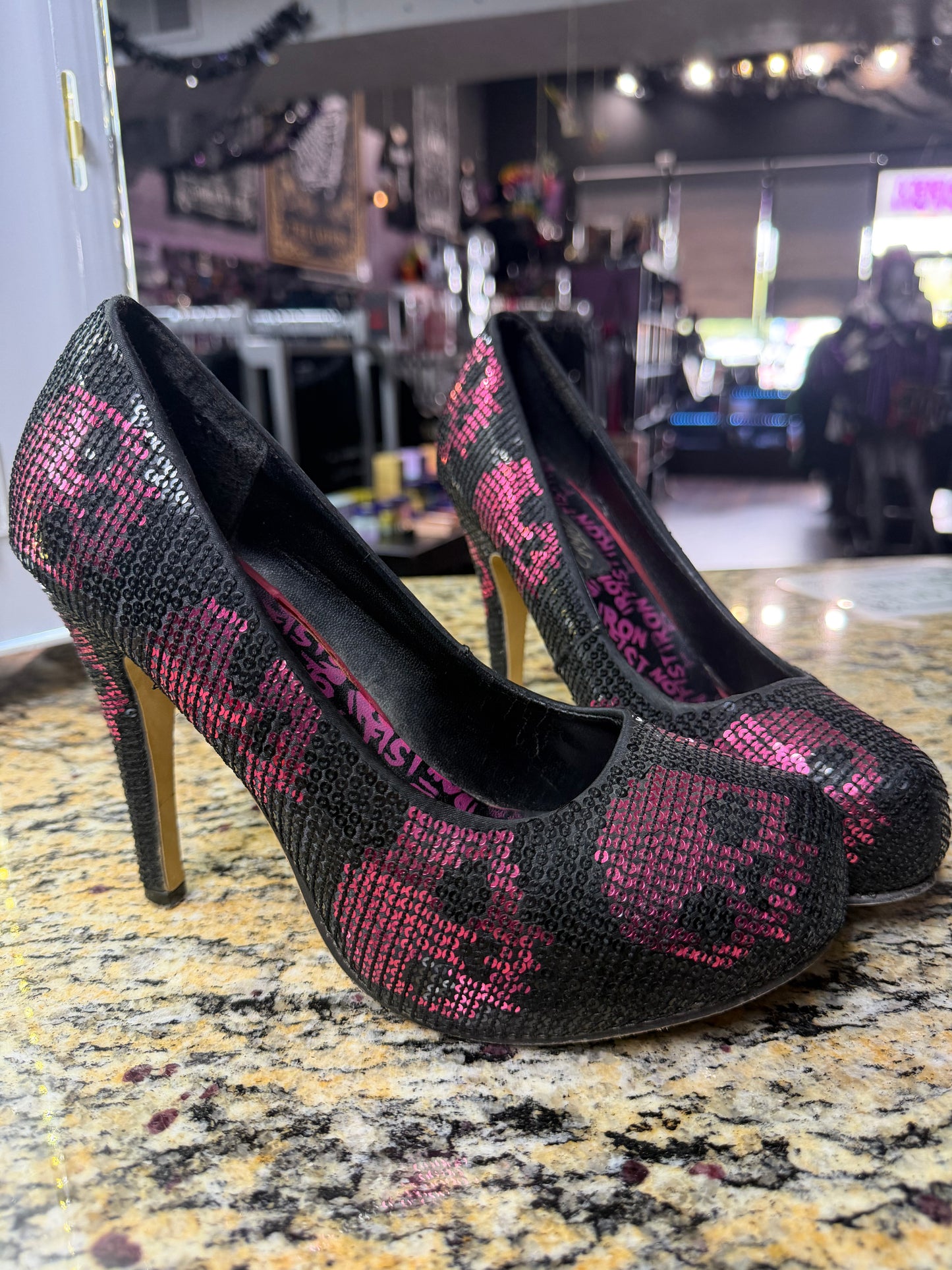 RARE-Iron Fist Digi Skull Black & Pink Sequin Platform Heels -Size 8