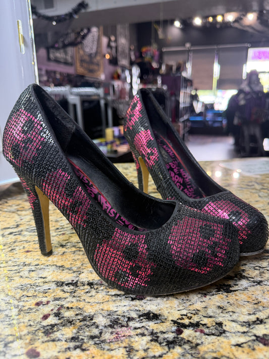 RARE-Iron Fist Digi Skull Black & Pink Sequin Platform Heels -Size 8
