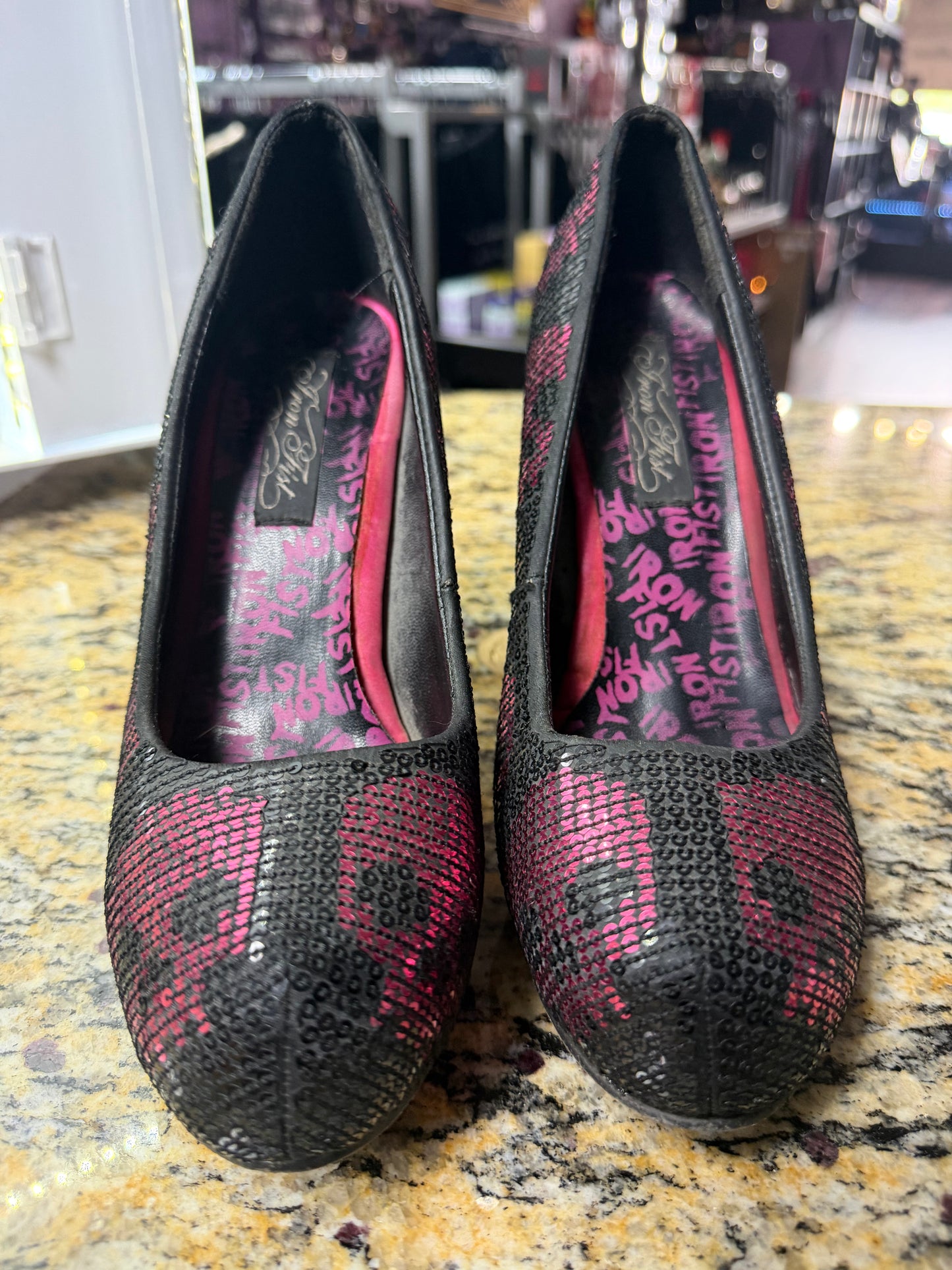 RARE-Iron Fist Digi Skull Black & Pink Sequin Platform Heels -Size 8