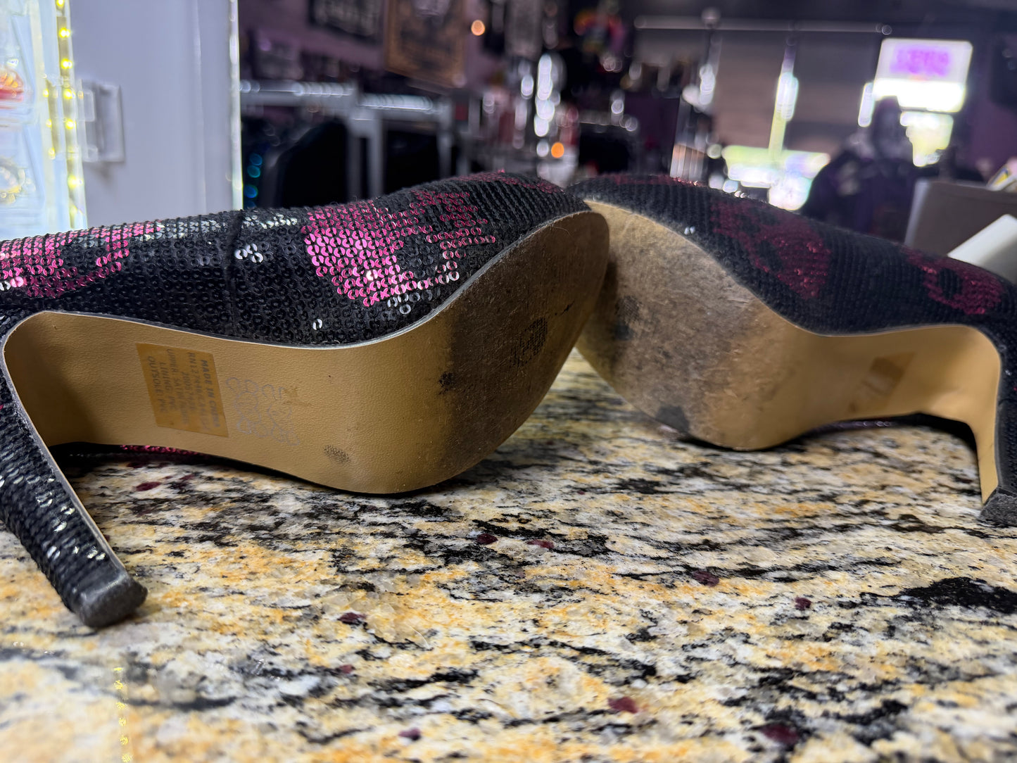 RARE-Iron Fist Digi Skull Black & Pink Sequin Platform Heels -Size 8