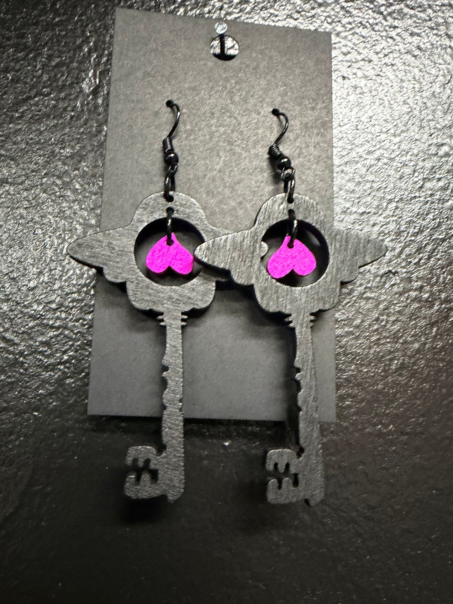 Wood Key with Heart Earrings