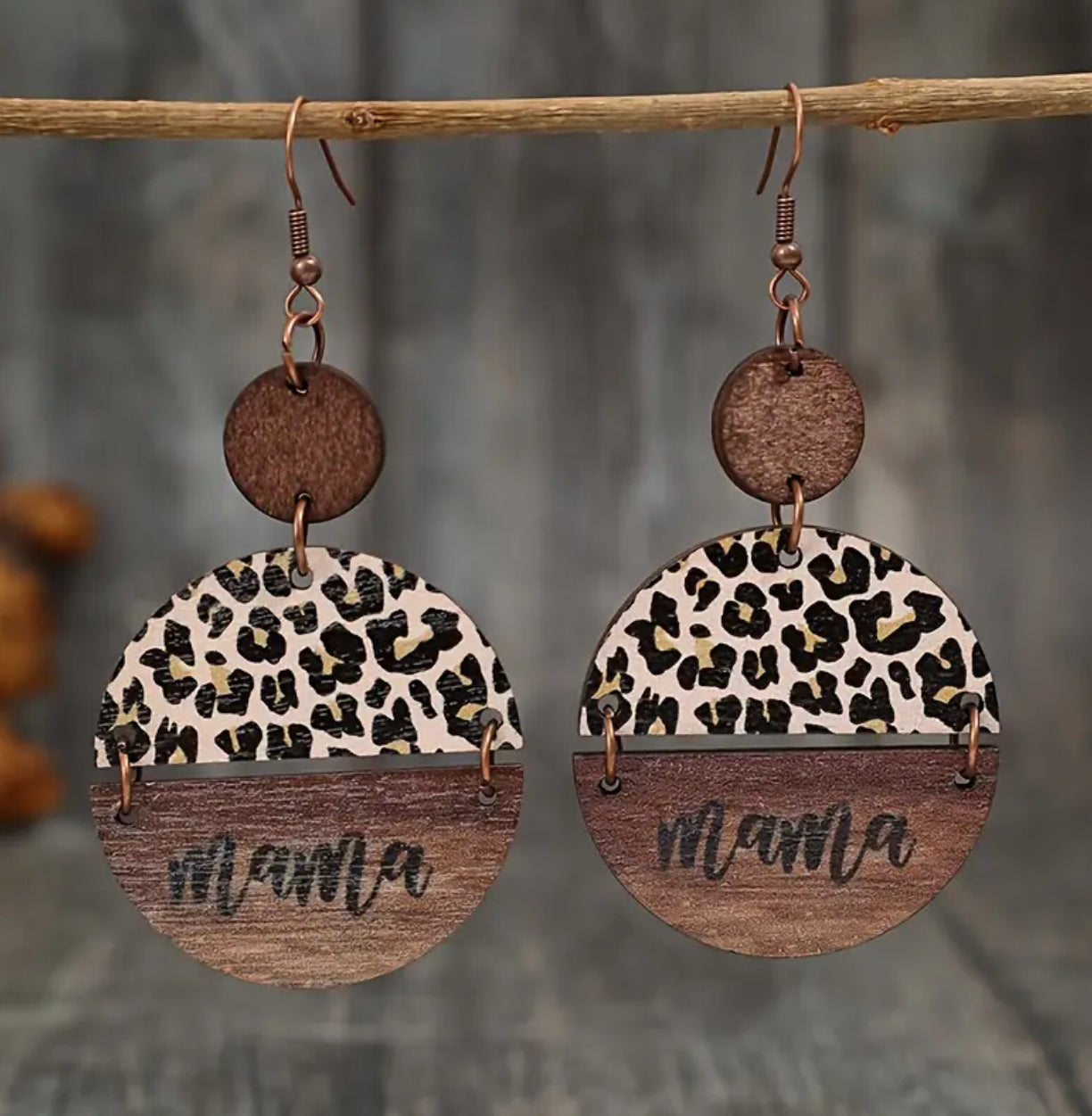 Brown Wood Leopard-Print "Mama" Earrings