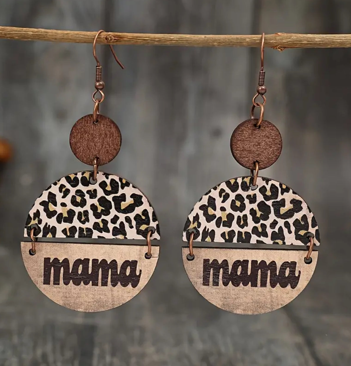 Brown Wood Leopard-Print "Mama" Earrings