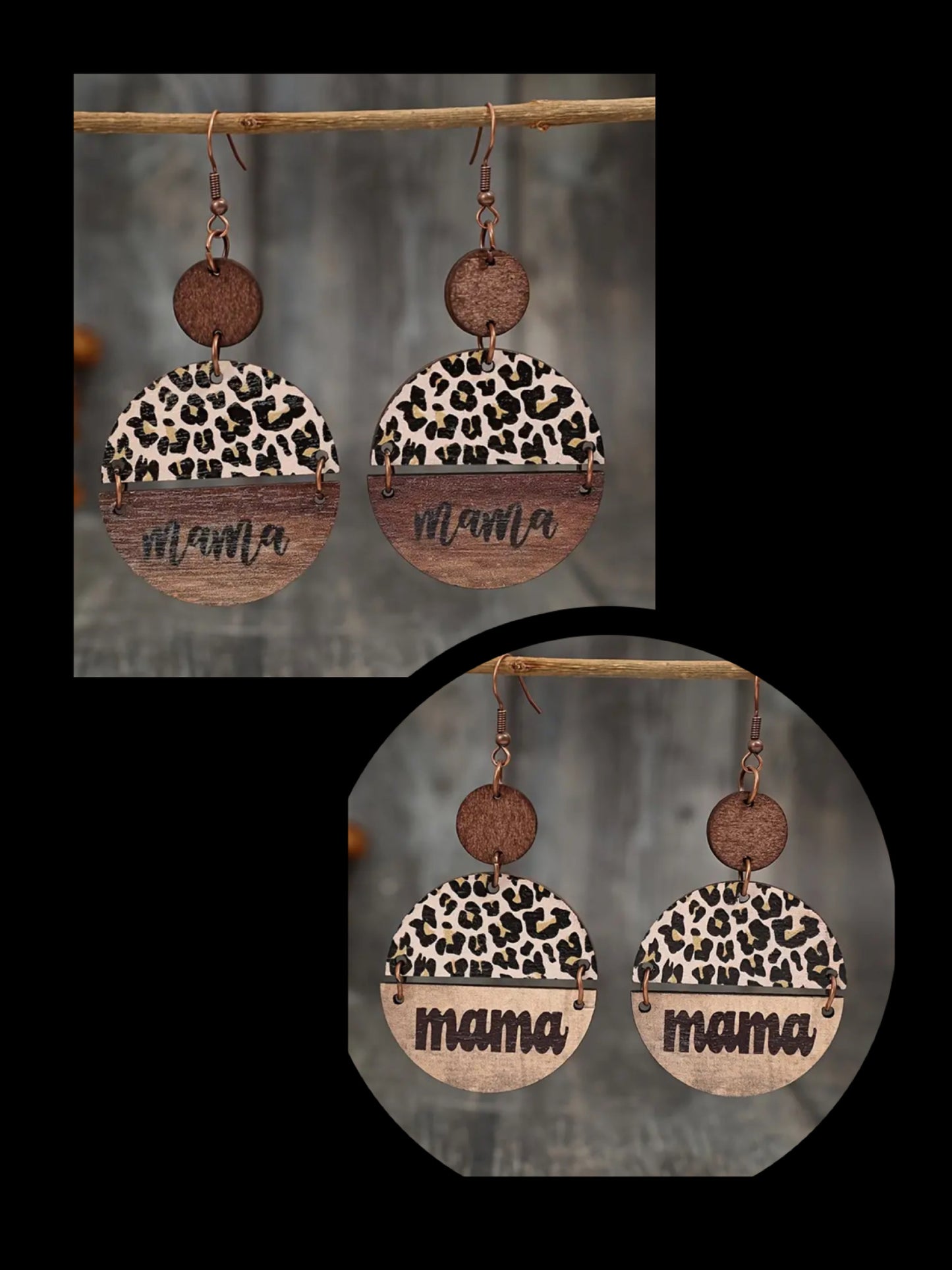 Brown Wood Leopard-Print "Mama" Earrings