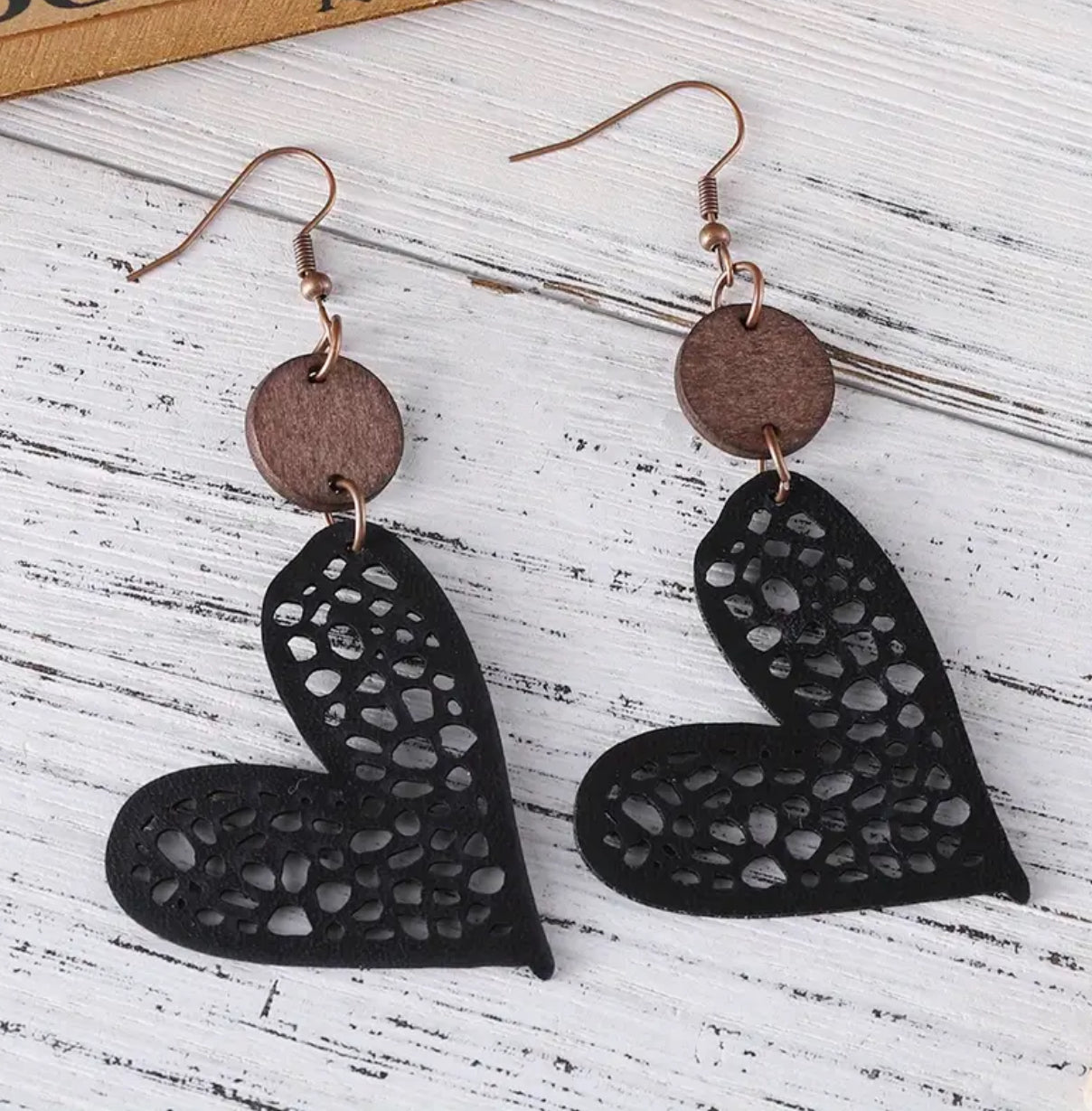 Wooden / Leatherette Dangle Heart Earrings