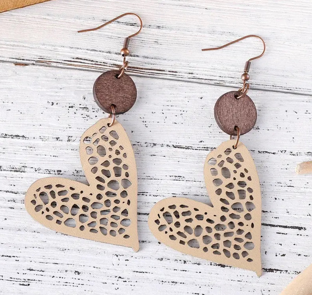 Wooden / Leatherette Dangle Heart Earrings
