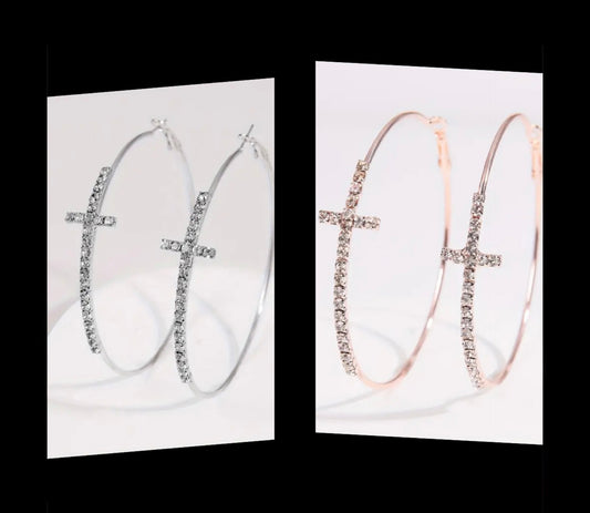 Rhinestone Cross Hoop Earrings