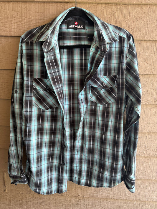 Airwalk Teal/Black Long Sleeve Button Up- Size Medium