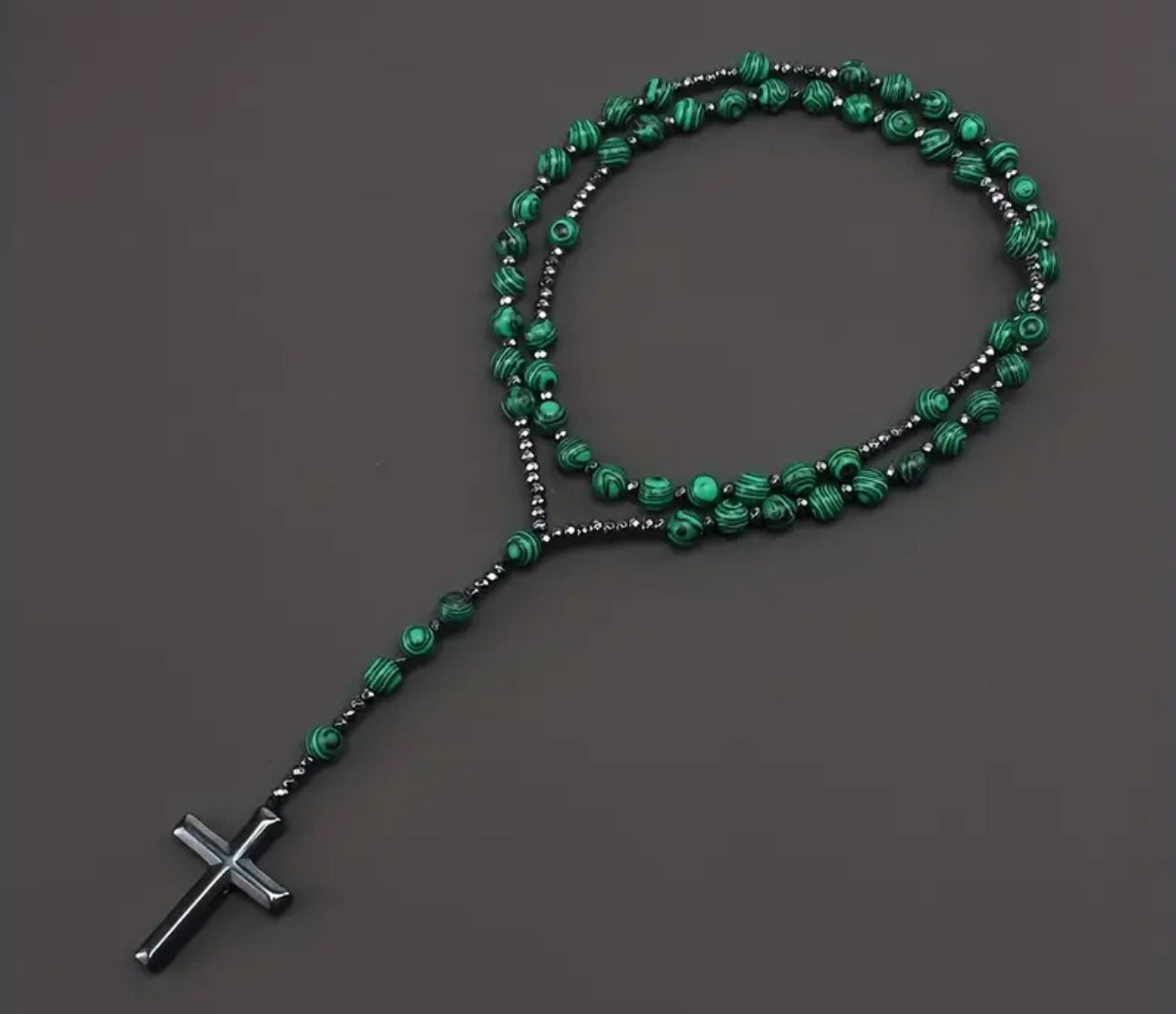 Natural Stone Malachite / Hematite Rosary Necklace
