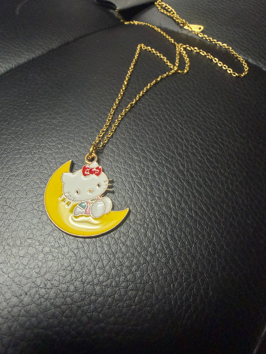 Stainless Steel -Gold- Kitty on The Moon Necklace