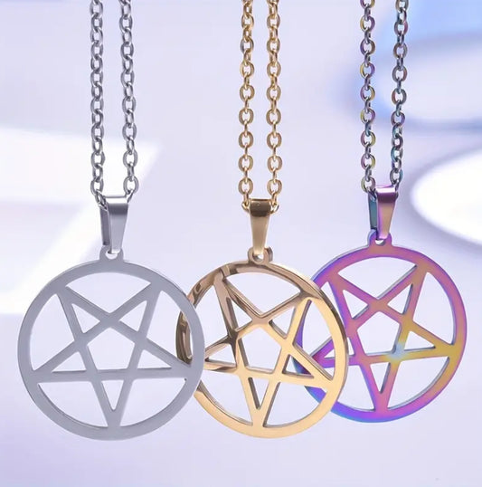 Stainless Steel Iridescent Inverted Pentagram Necklace