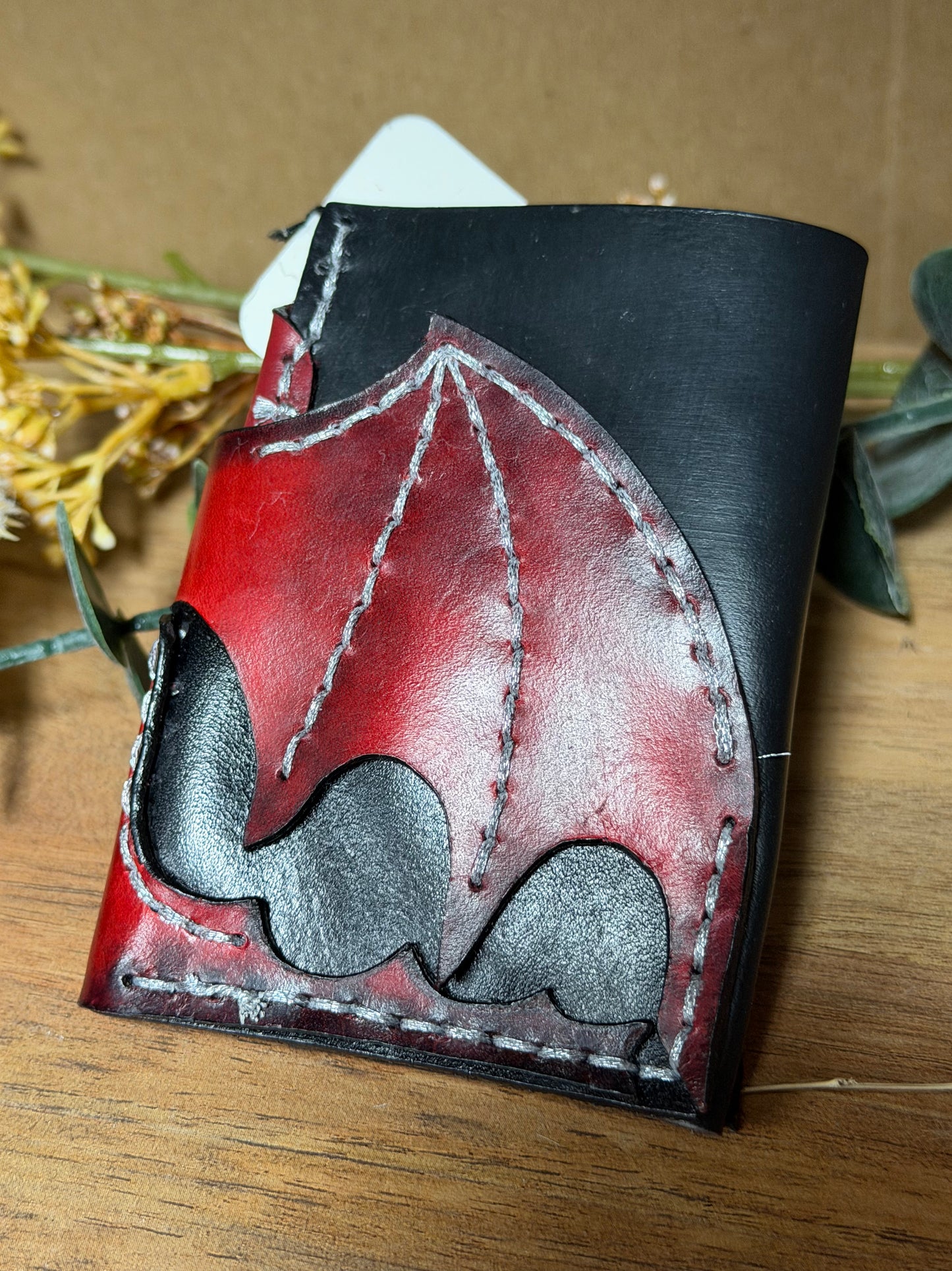 Handmade- Real Leather-Red Dragon Wing Card Sleeve