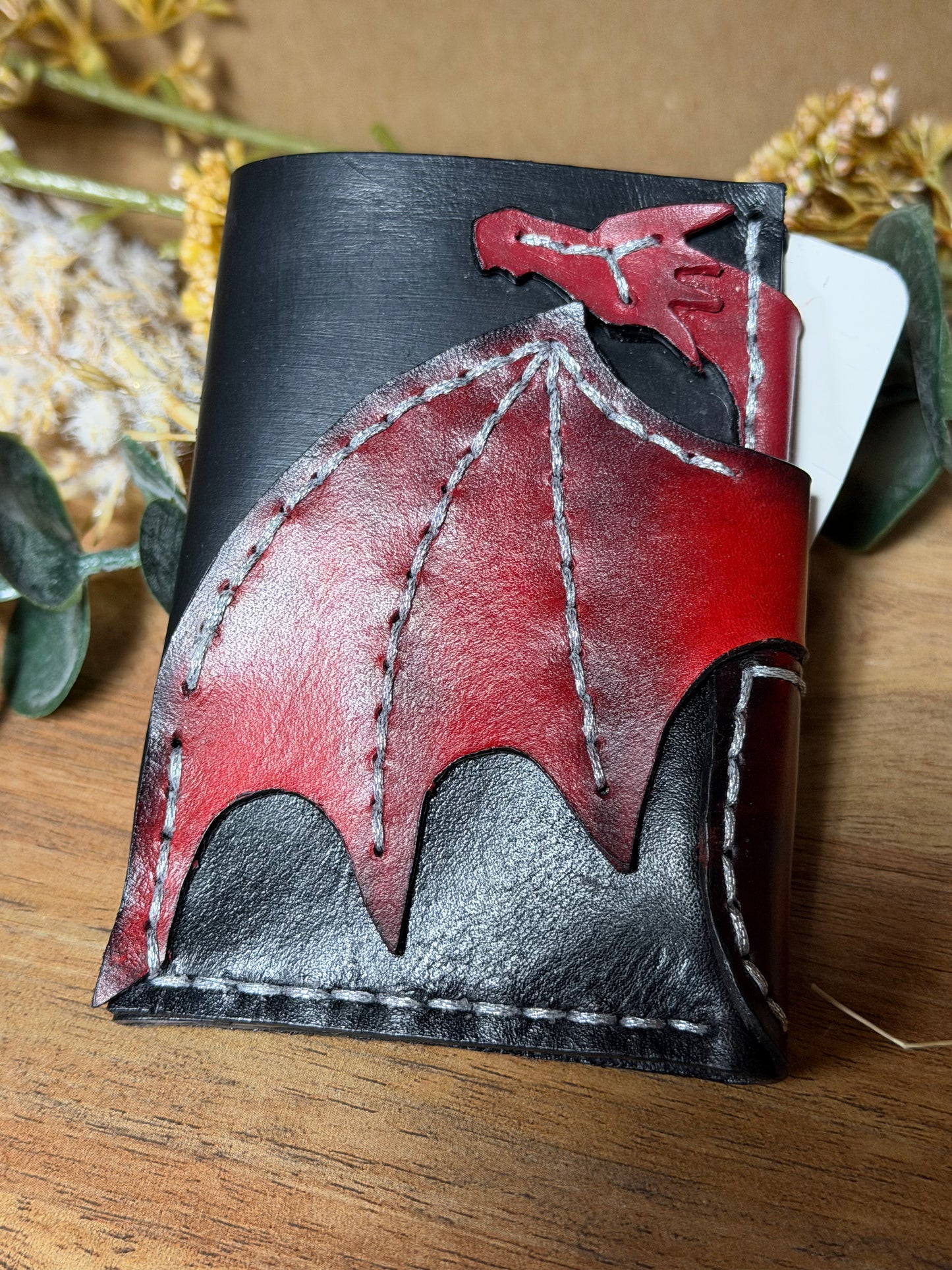 Handmade- Real Leather-Red Dragon Wing Card Sleeve