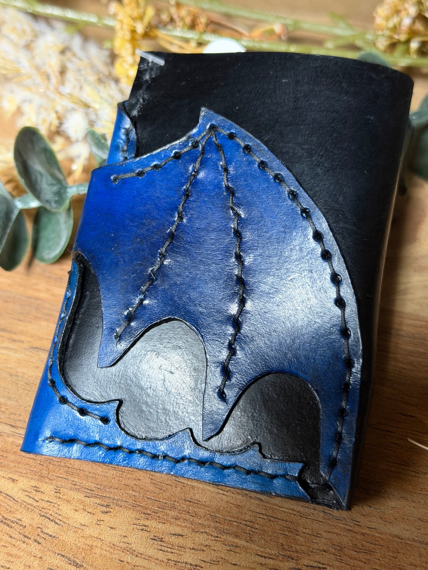 Handmade- Real Leather-Blue Dragon Wing Card Sleeve