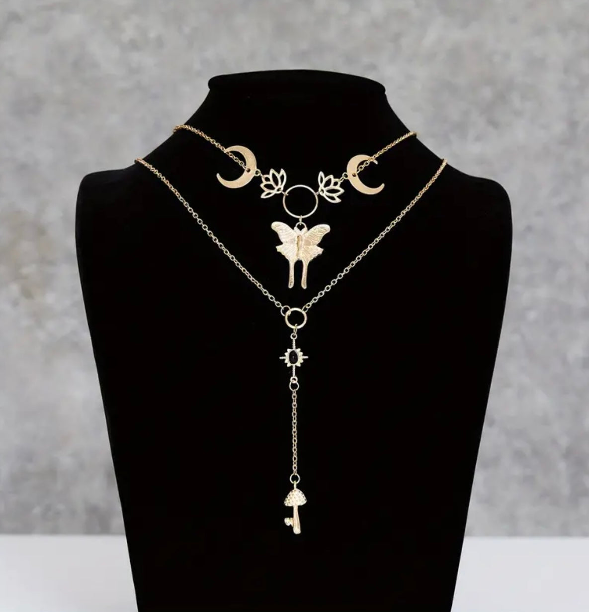Bohemian Golden Moth / Moon / Mushroom Layered Necklace