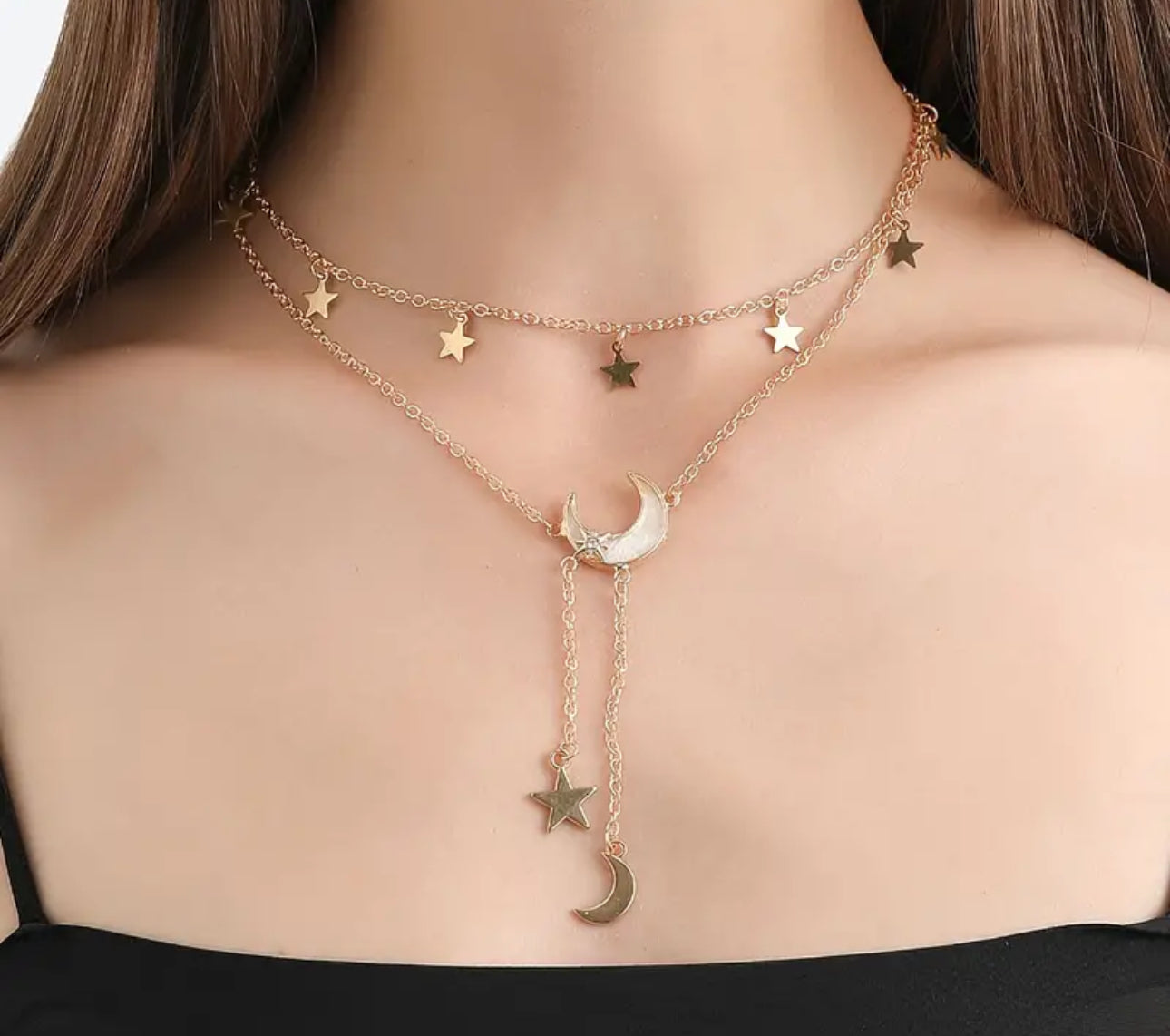 Simple Tassel Moon / Star Layered Necklace in Gold