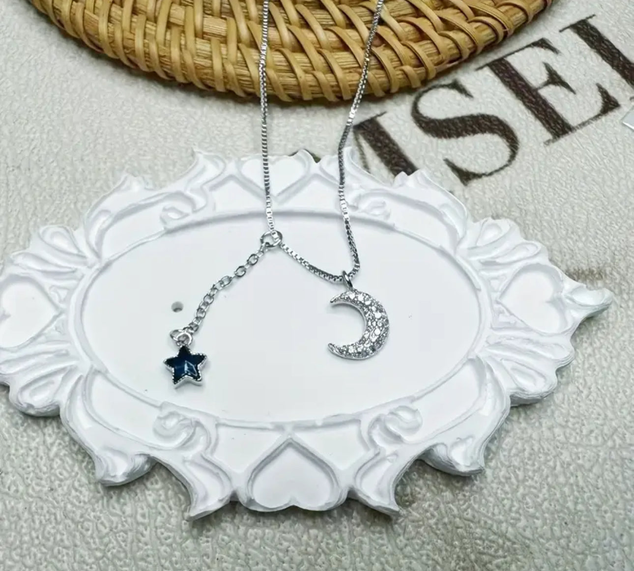 Sparkling Moon and Blue Star Necklace