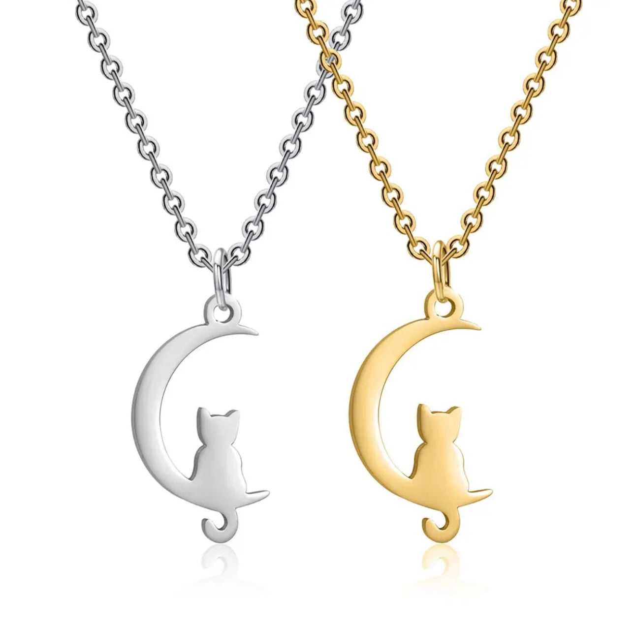 Stainless Steel Simple Cat on Moon Necklace