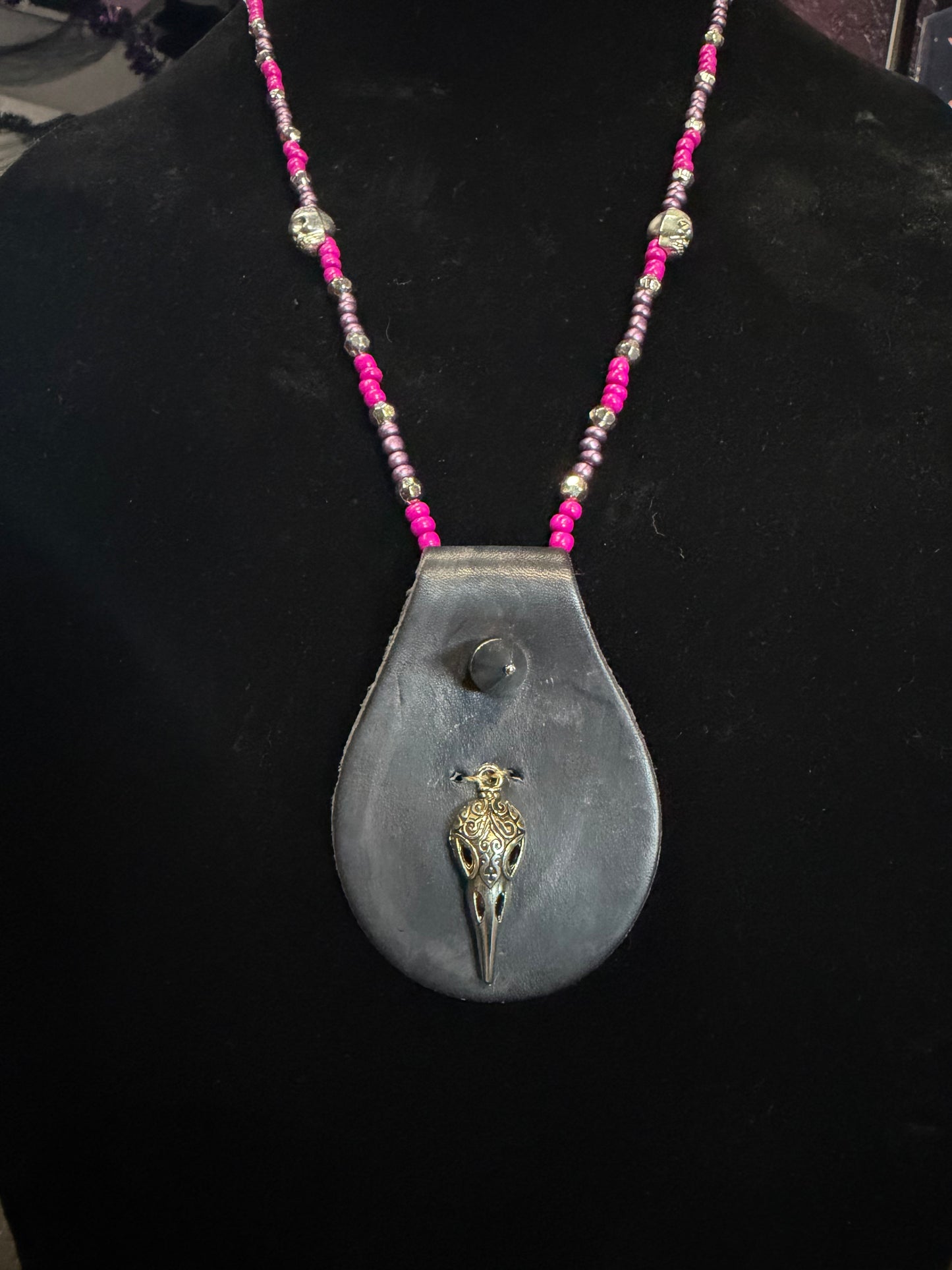 Handmade Pink/Purple Beaded Leather Spike Raven Skull Necklace- Shane#10