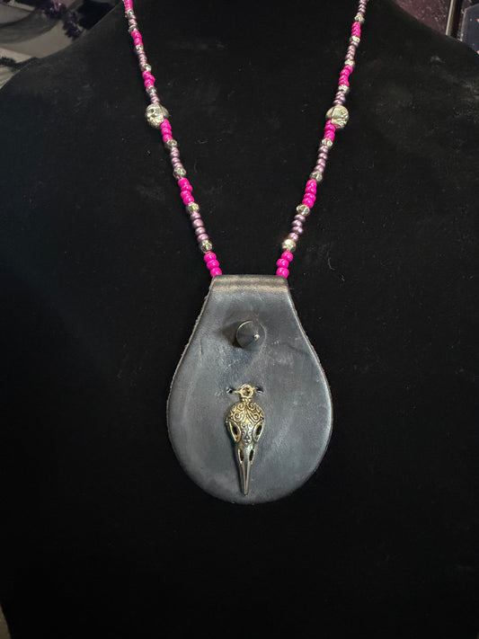 Handmade Pink/Purple Beaded Leather Spike Raven Skull Necklace- Shane#10