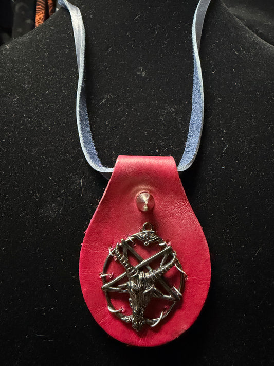 Handmade Blue/Burgundy Leather Baphomet Necklace- Shane#15