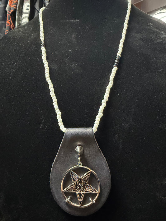 Handmade Beaded/Blue Leather Baphomet Necklace- Shane#15