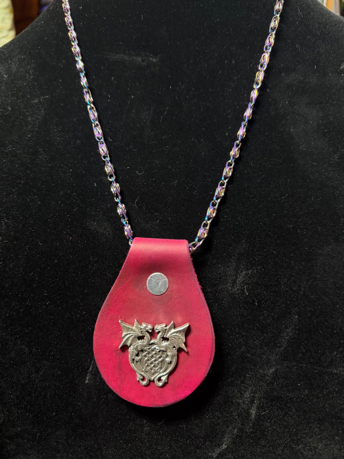 Handmade Iridescent Stainless Steel/Burgundy Leather Dragon Necklace- Shane#15