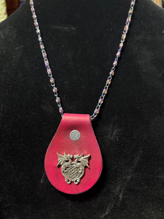 Handmade Iridescent Stainless Steel/Burgundy Leather Dragon Necklace- Shane#15