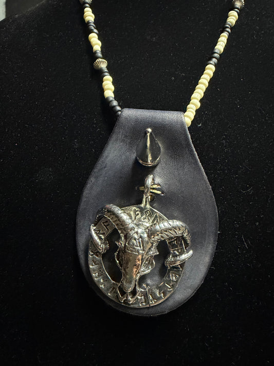 Handmade Cream/Black Beaded- Leather- Ram/Runes Necklace- Shane#15
