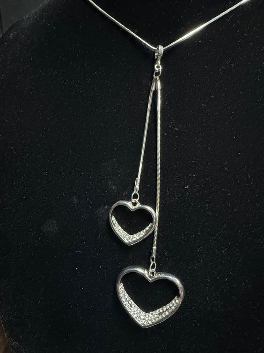 2 Layer Rhinestone Heart Necklace & Heart Studs