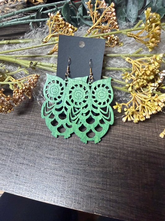 Green Wooden Owl Earrings