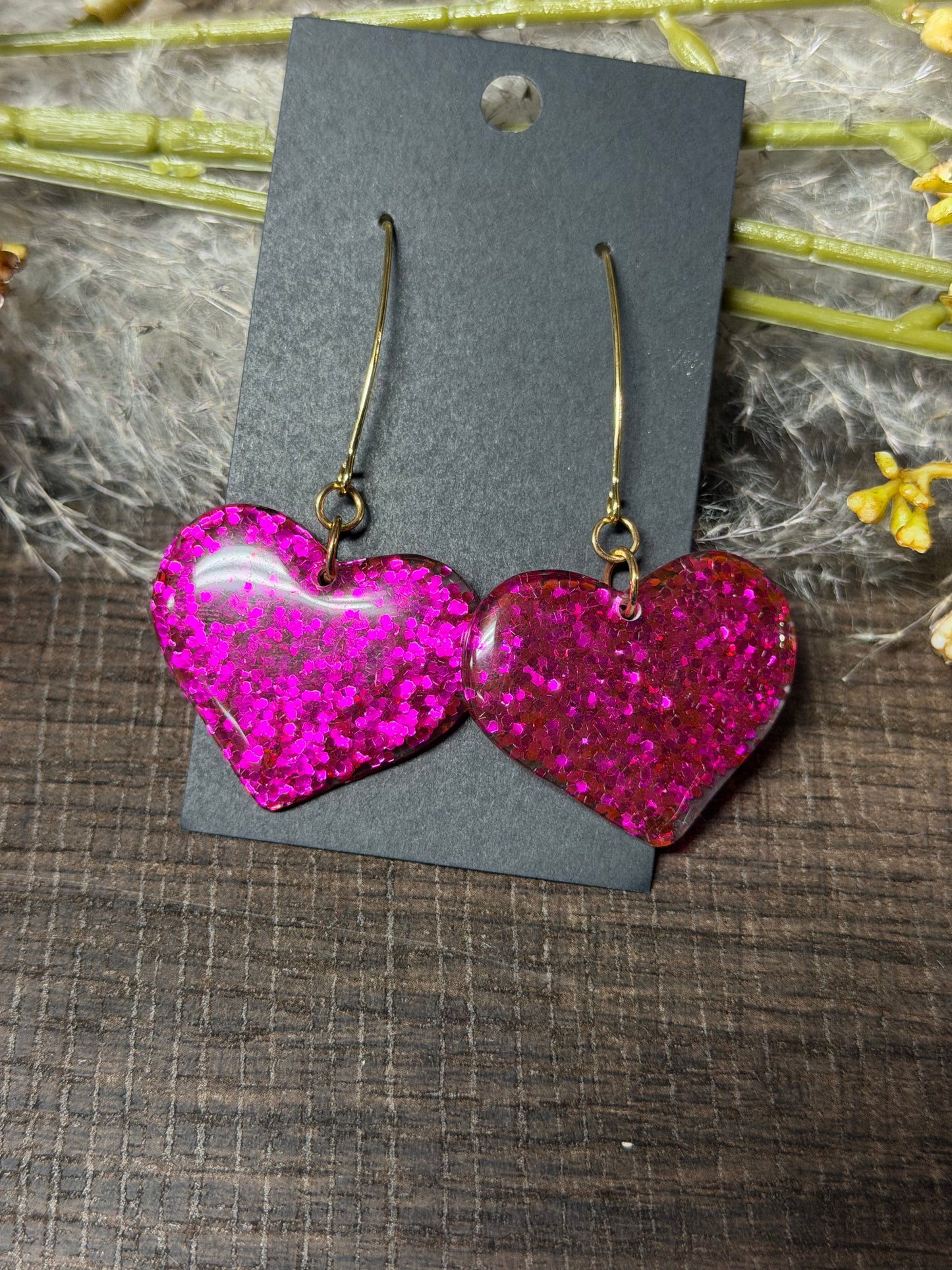 Pink Glitter Filled Heart Earrings