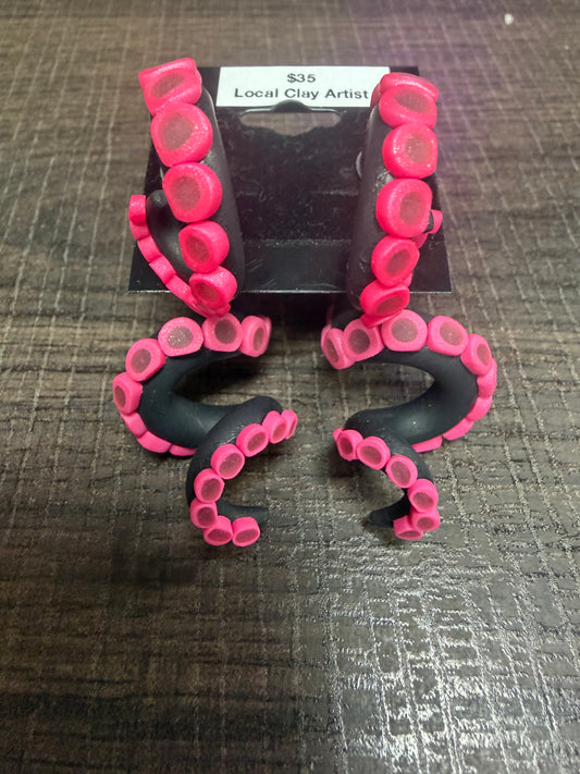Handmade- Hand Sculpted, Hand-Painted Black/Pink Tentacle Earrings- WTFCharms #1750