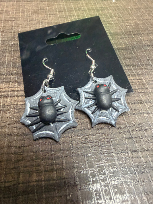 Handmade- Hand Sculpted, Hand-Painted Spider on Web Clay Earrings- WTFCharms #10