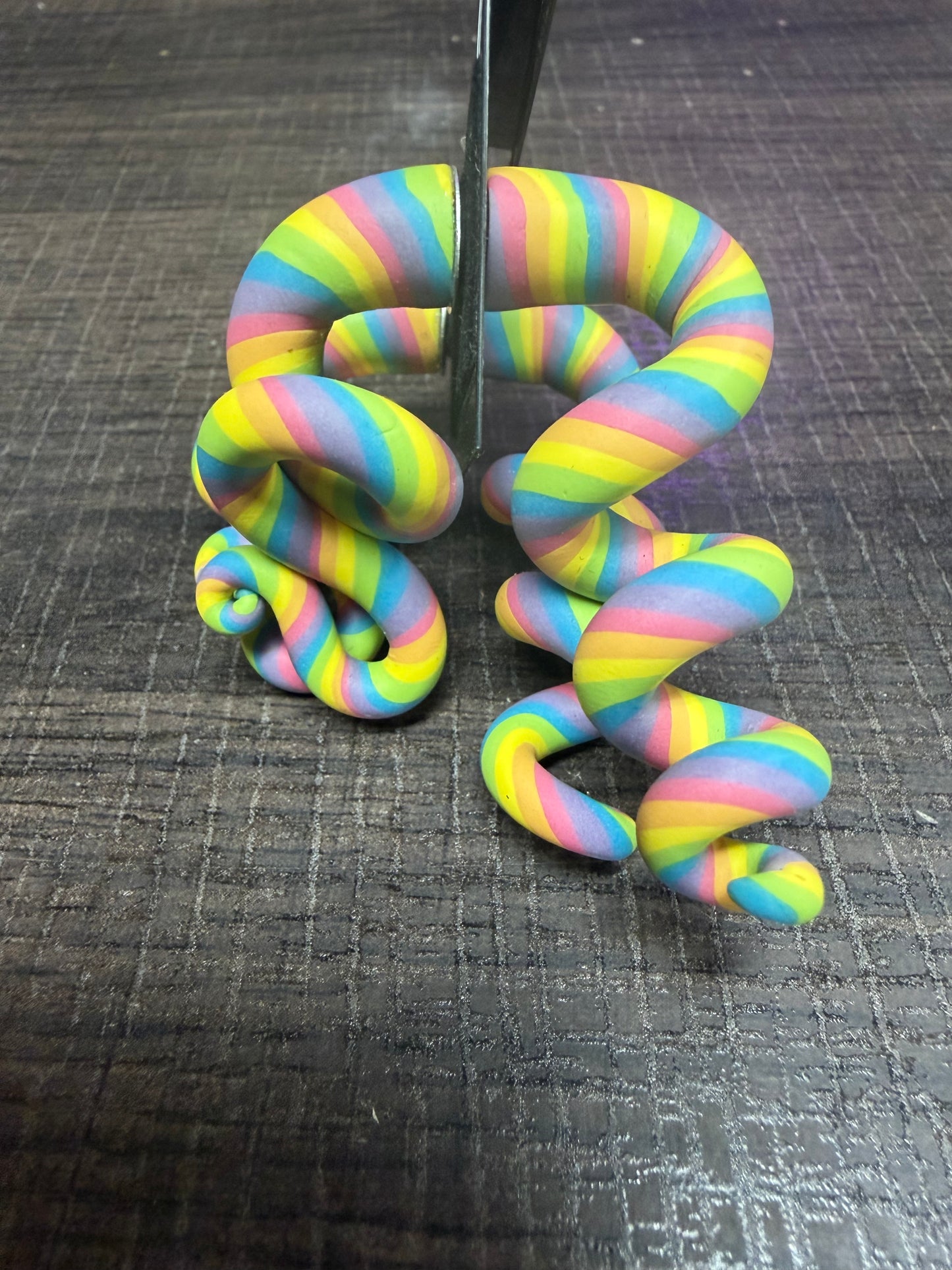 Handmade- Hand Sculpted, Hand-Painted Twisted Rainbow Tentacle Earrings- WTFCharms #1750