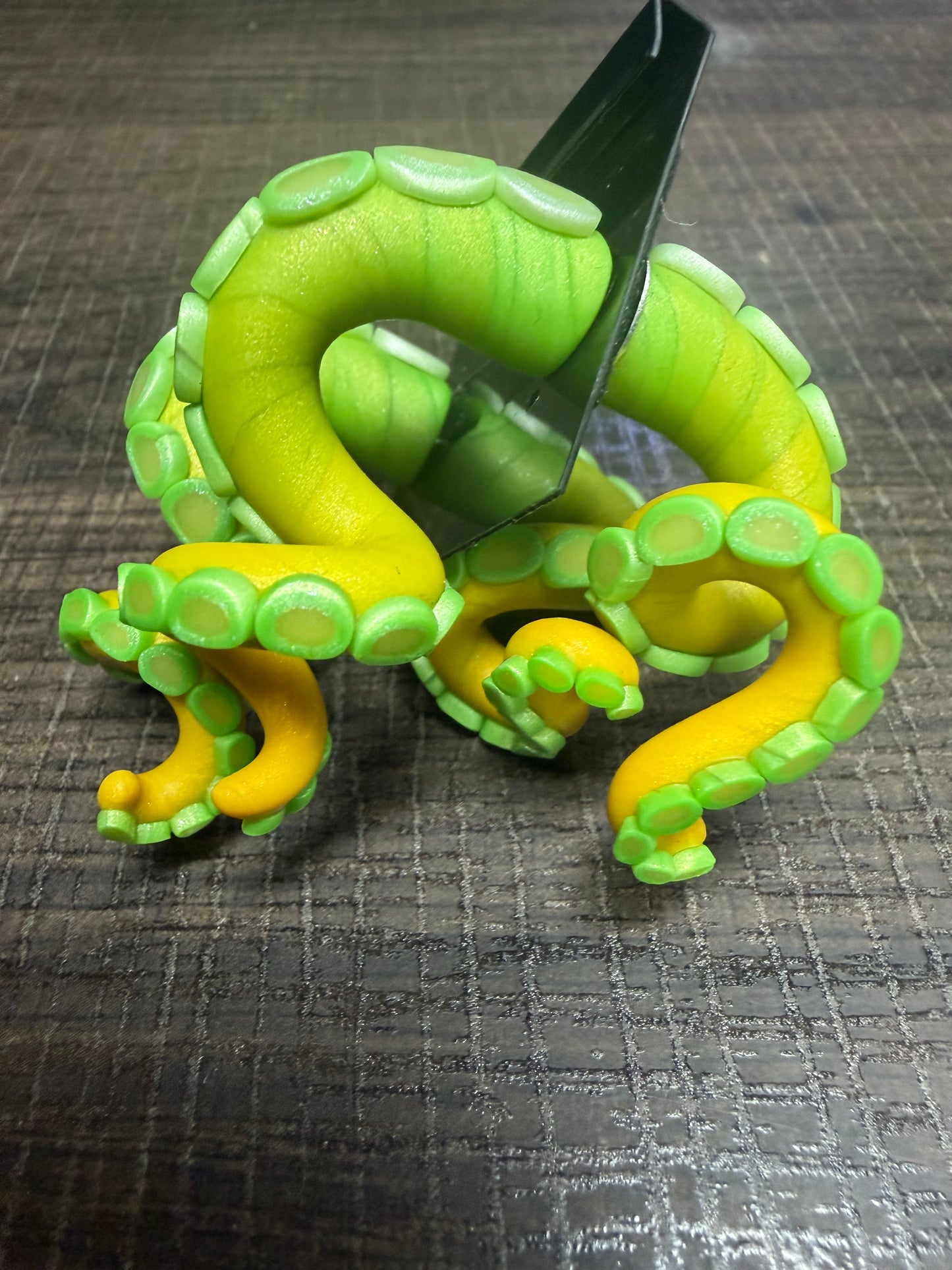 Handmade- Hand Sculpted, Hand-Painted Green/Yellow Tentacle Earrings- WTFCharms #1750