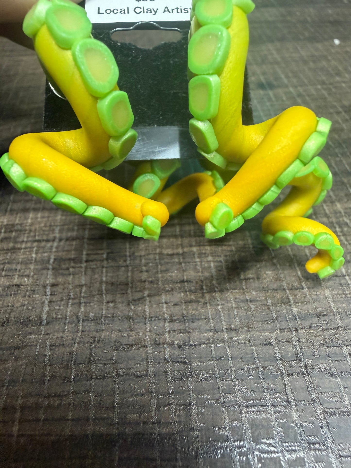 Handmade- Hand Sculpted, Hand-Painted Green/Yellow Tentacle Earrings- WTFCharms #1750